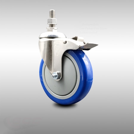 Service Caster 5 Inch 316SS Blue Polyurethane Swivel 10mm Stem Caster Total Lock Brake SCC SCC-SS316TSTTL20S514-PPUB-BLUE-M1015